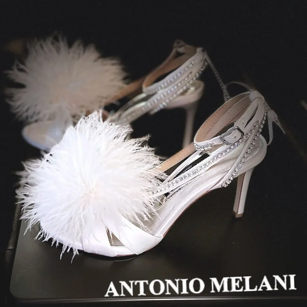 Antonio Melani AURORA Feathered Dress Sandal Rhinestones Ankle Wrap Strap